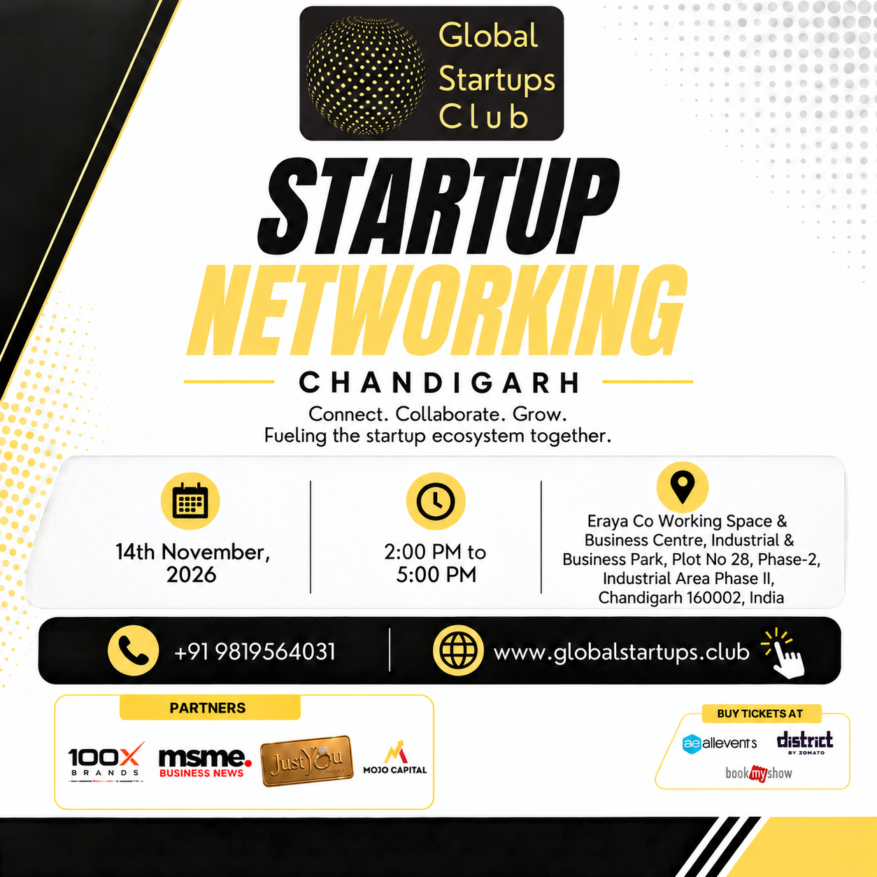 Chandigarh Startup Networking square flyer for Saturday, 14 November 2026